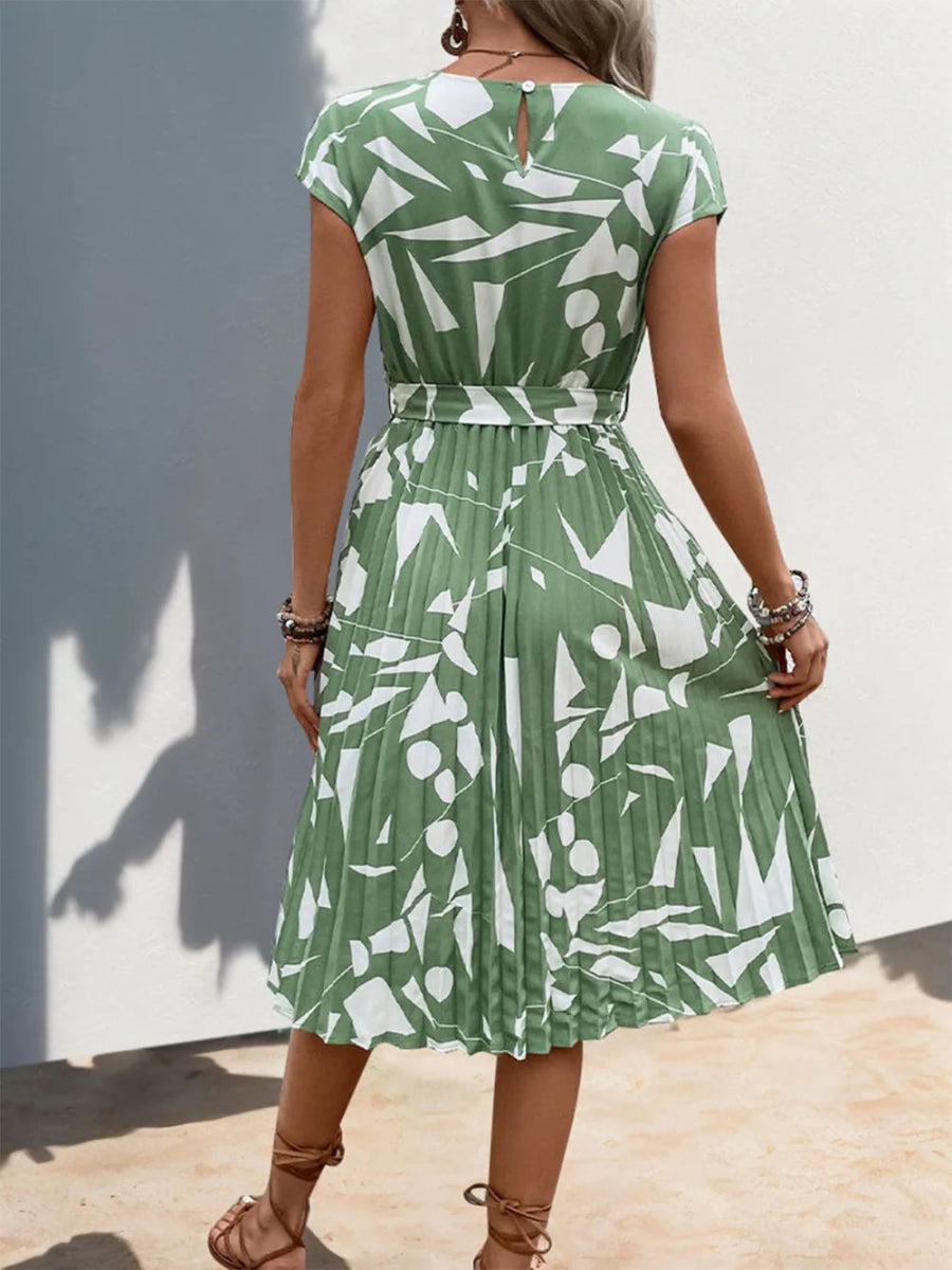 Perfee Tied Pleated Printed Cap Sleeve Dress for Women - Love Salve